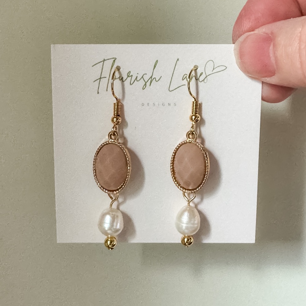 Blush Bead & Pearl Drop Earrings | Upcycled | Gold Stainless Steel Hooks - Picture 10 of 10
